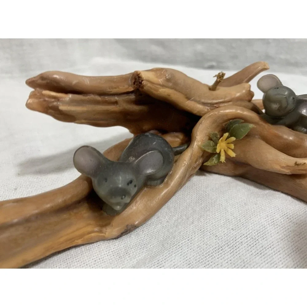 Sculpted Candle Two Mice on Logs in Forest Wax Vintage MCM Plastic Flower 9 inch